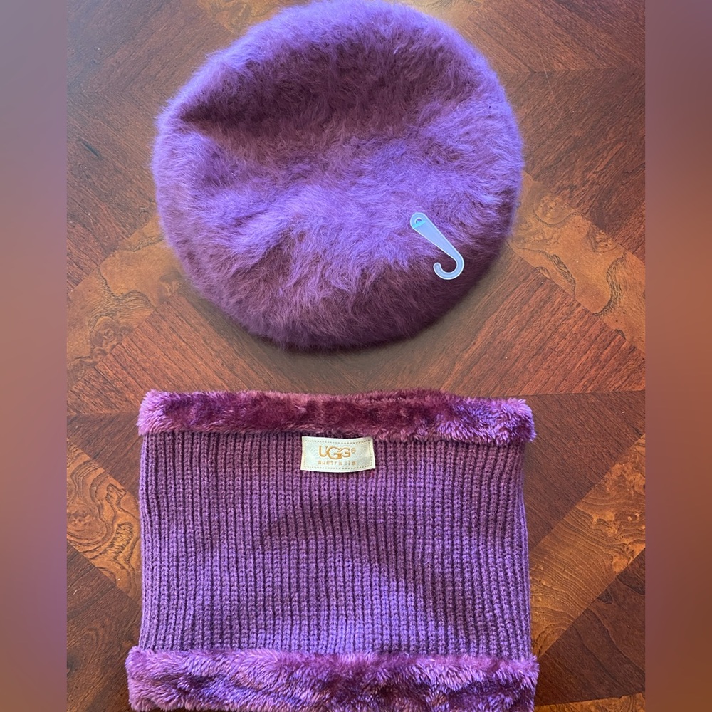 UGG new angora-look rich lavender-purple hat & neck warmer set